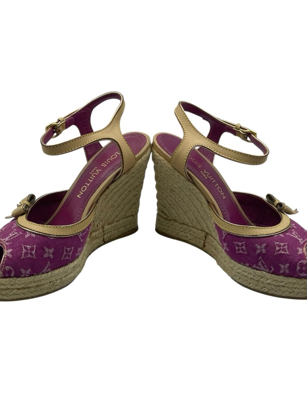RARE Louis Vuitton Helios Wedge Sandals Pink Denim Monogram canvas EU36 US6 - Picture 5 of 10